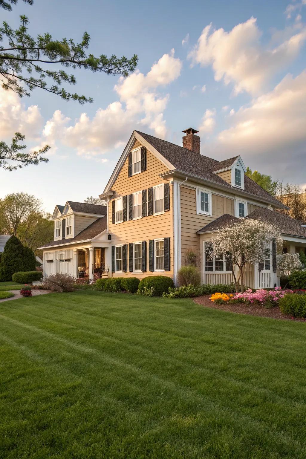 Tan siding with white trim for a classic and timeless appearance.