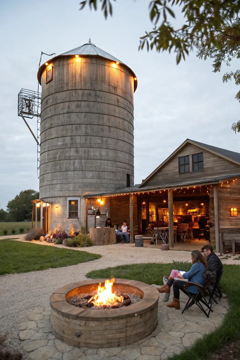 A fire pit near a silo bar creating a cozy atmosphere for gatherings.