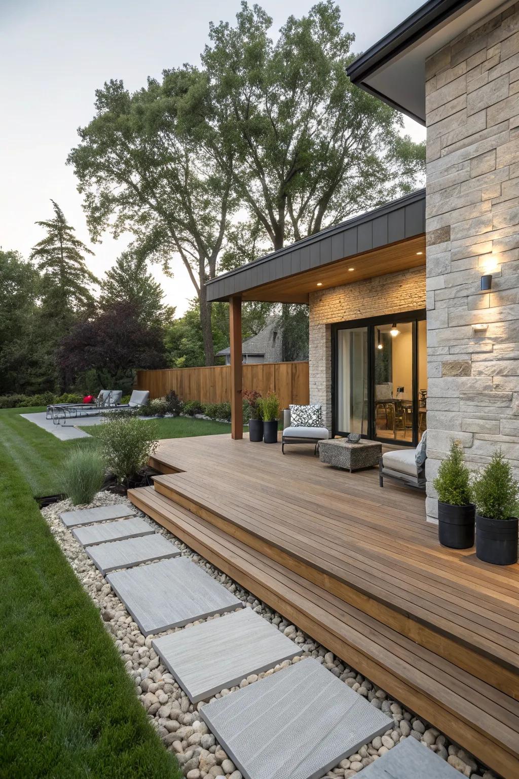 Mixed materials create a stylish and textured outdoor space.