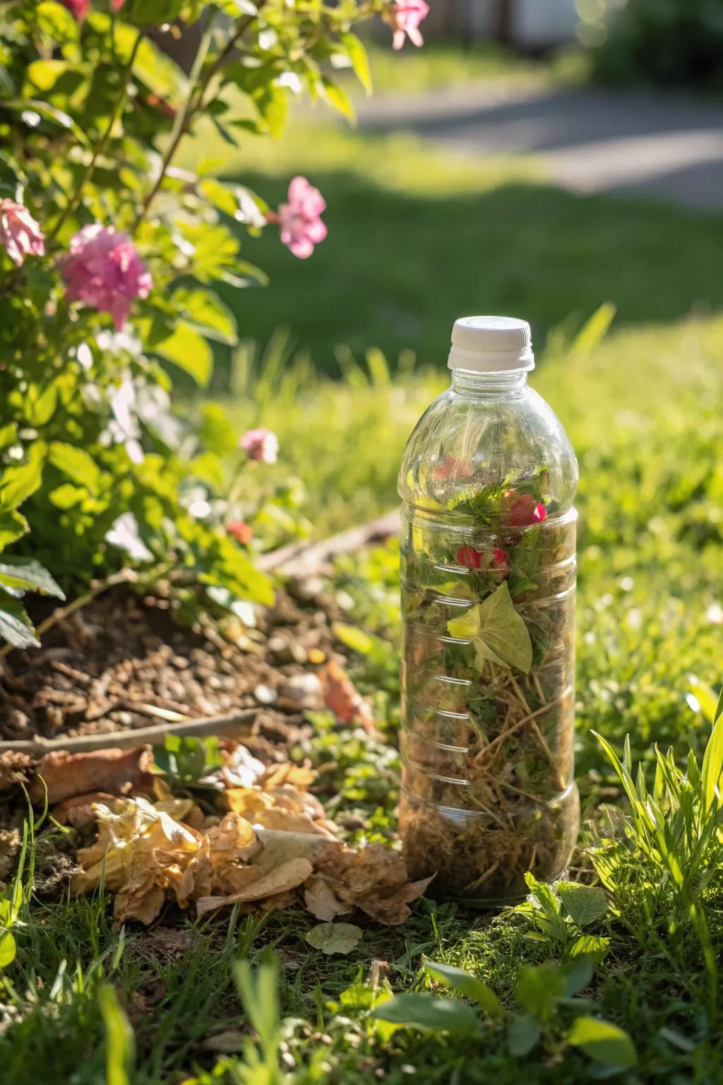 An eco-friendly bug hotel made from a recycled bottle.