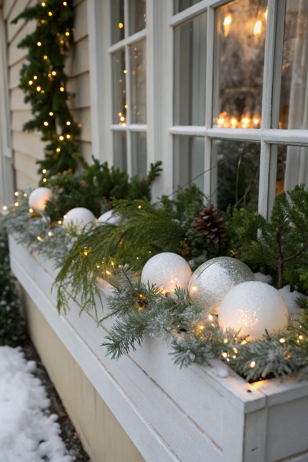 White accents evoke the serene beauty of a snowy winter.