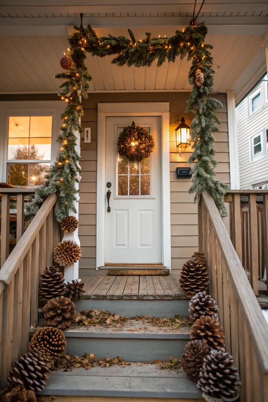 Pinecone swag adds rustic charm and texture.