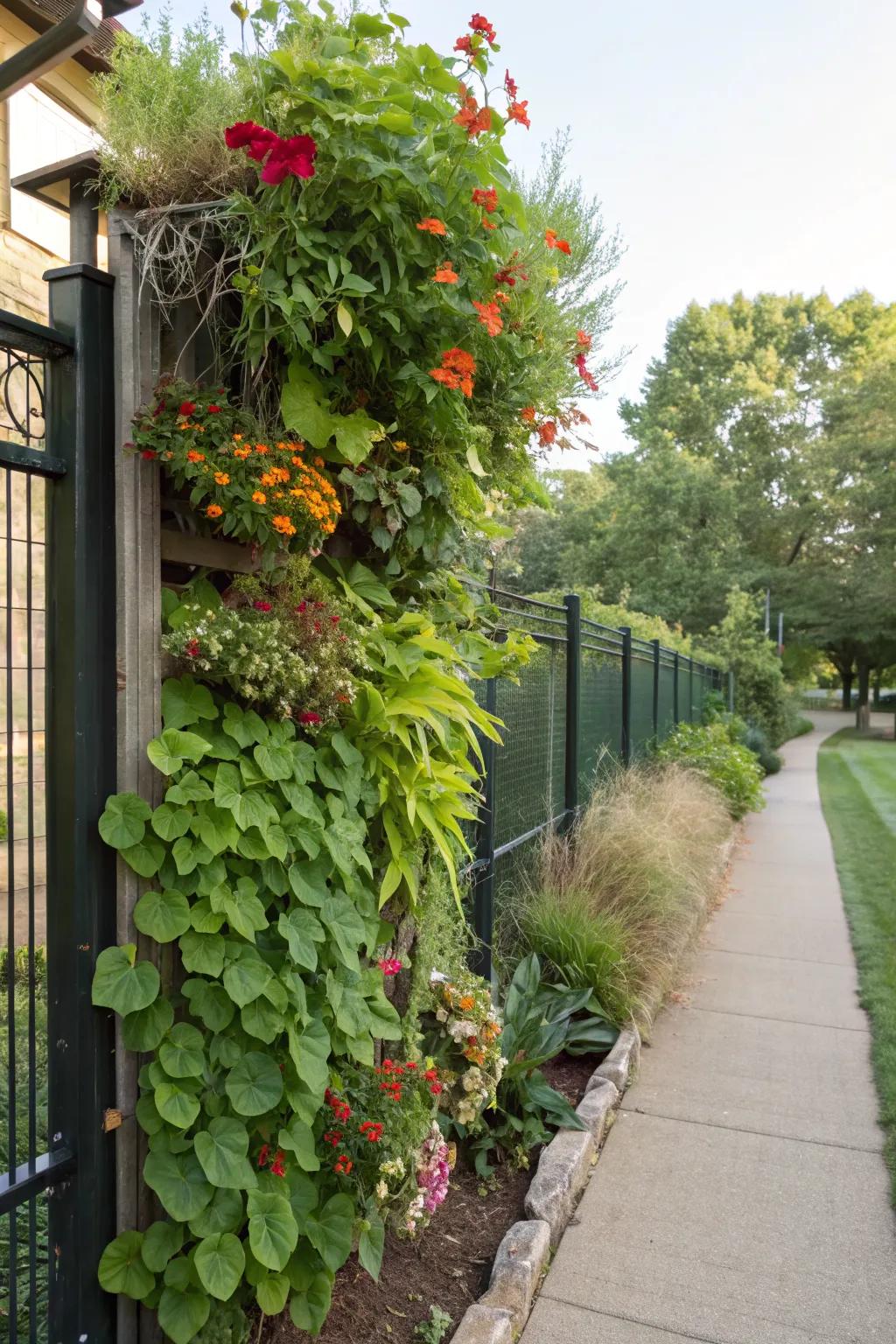 A vertical garden maximizing space with lush greenery.