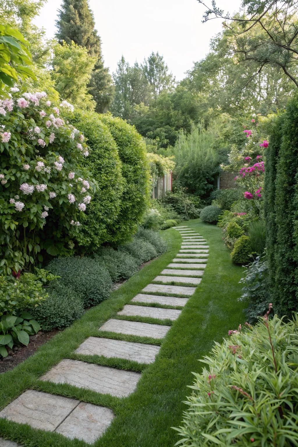 Whimsical faux grass stepping stones in a garden path.