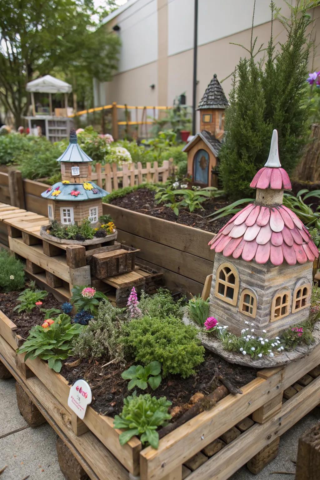 An enchanting fairy garden made from pallets delights all ages.