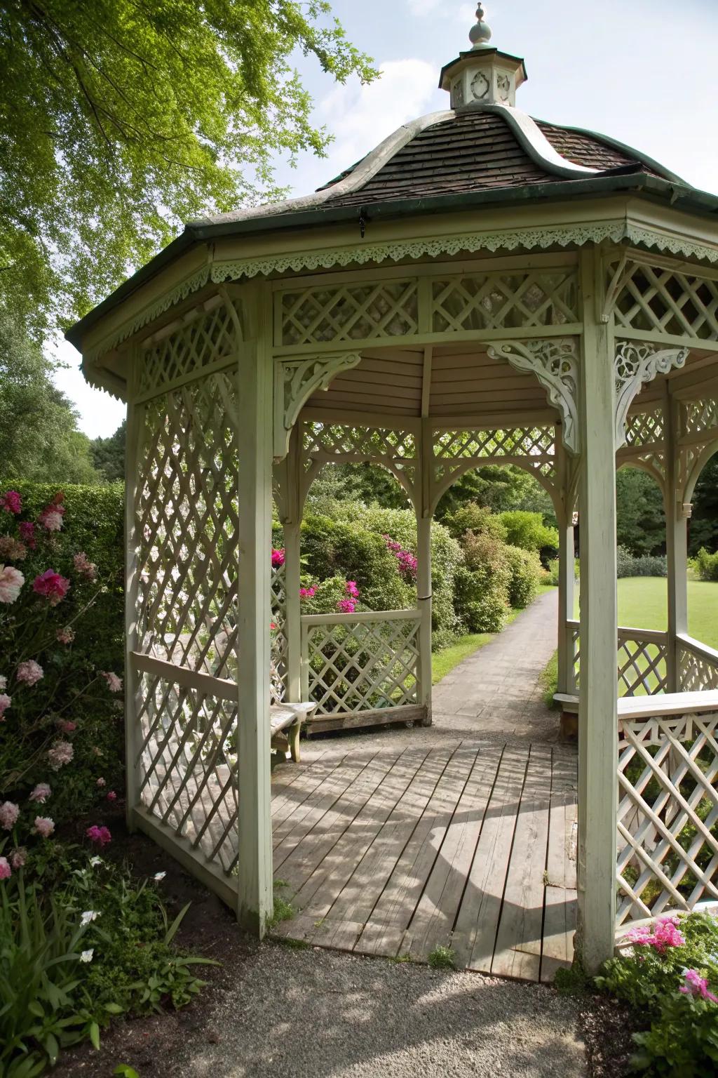 Lattice adds both charm and privacy to this inviting gazebo.
