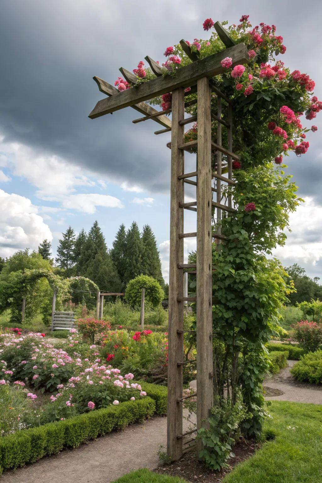 Trellises add vertical interest and support climbing plants.