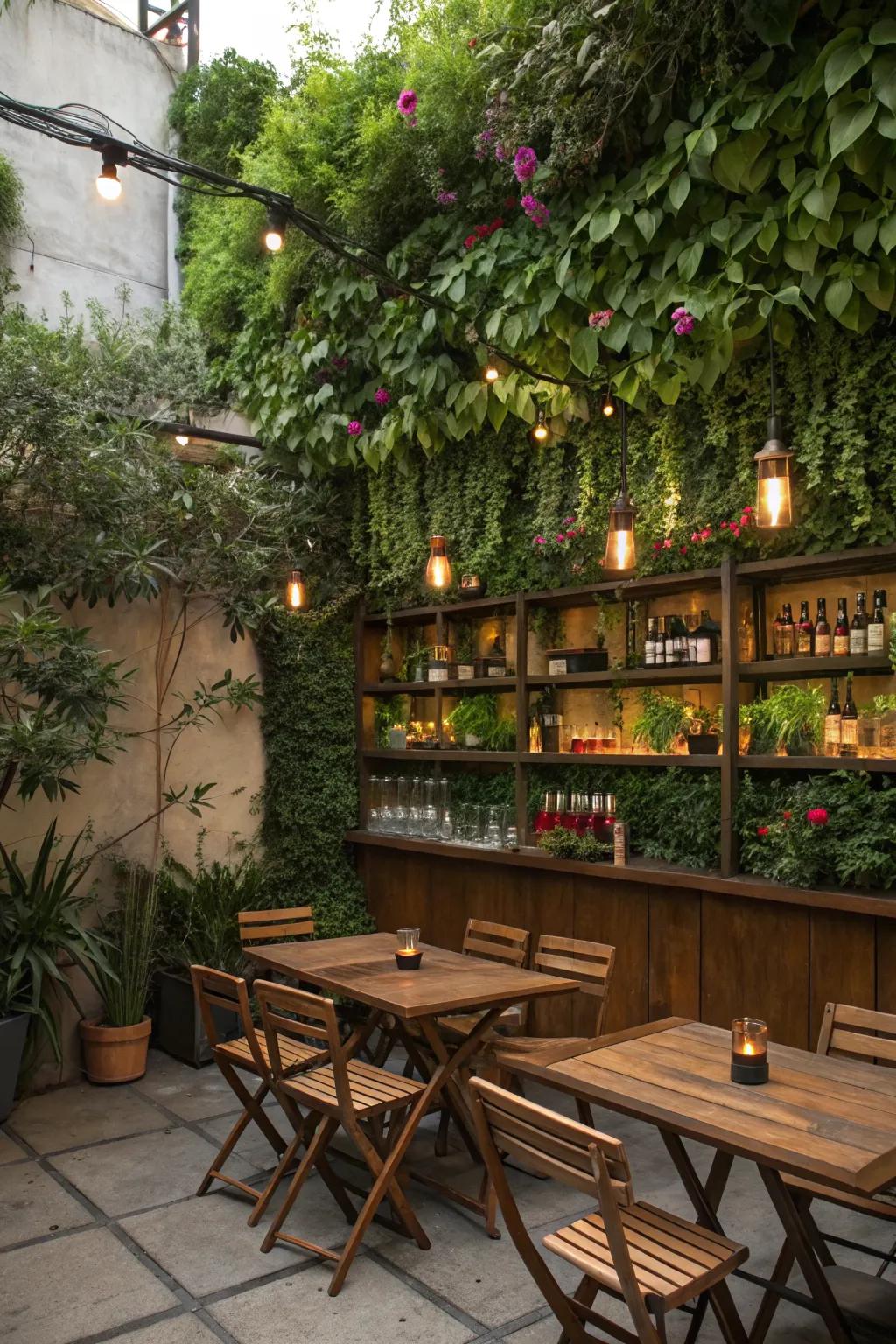 A garden wall serves as a practical and beautiful backdrop for this outdoor bar.