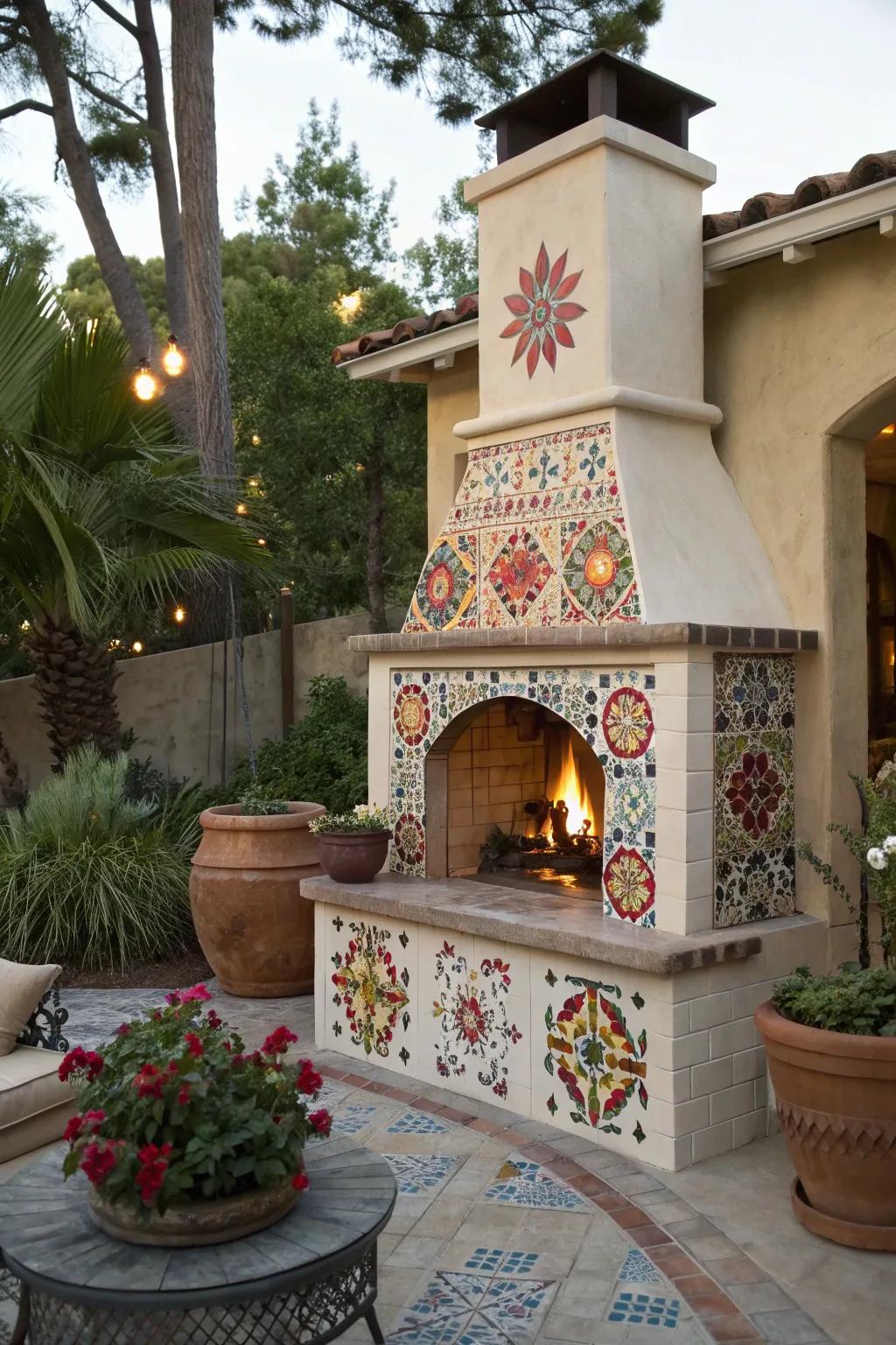 Decorative tiles add a vibrant touch to an outdoor fireplace.