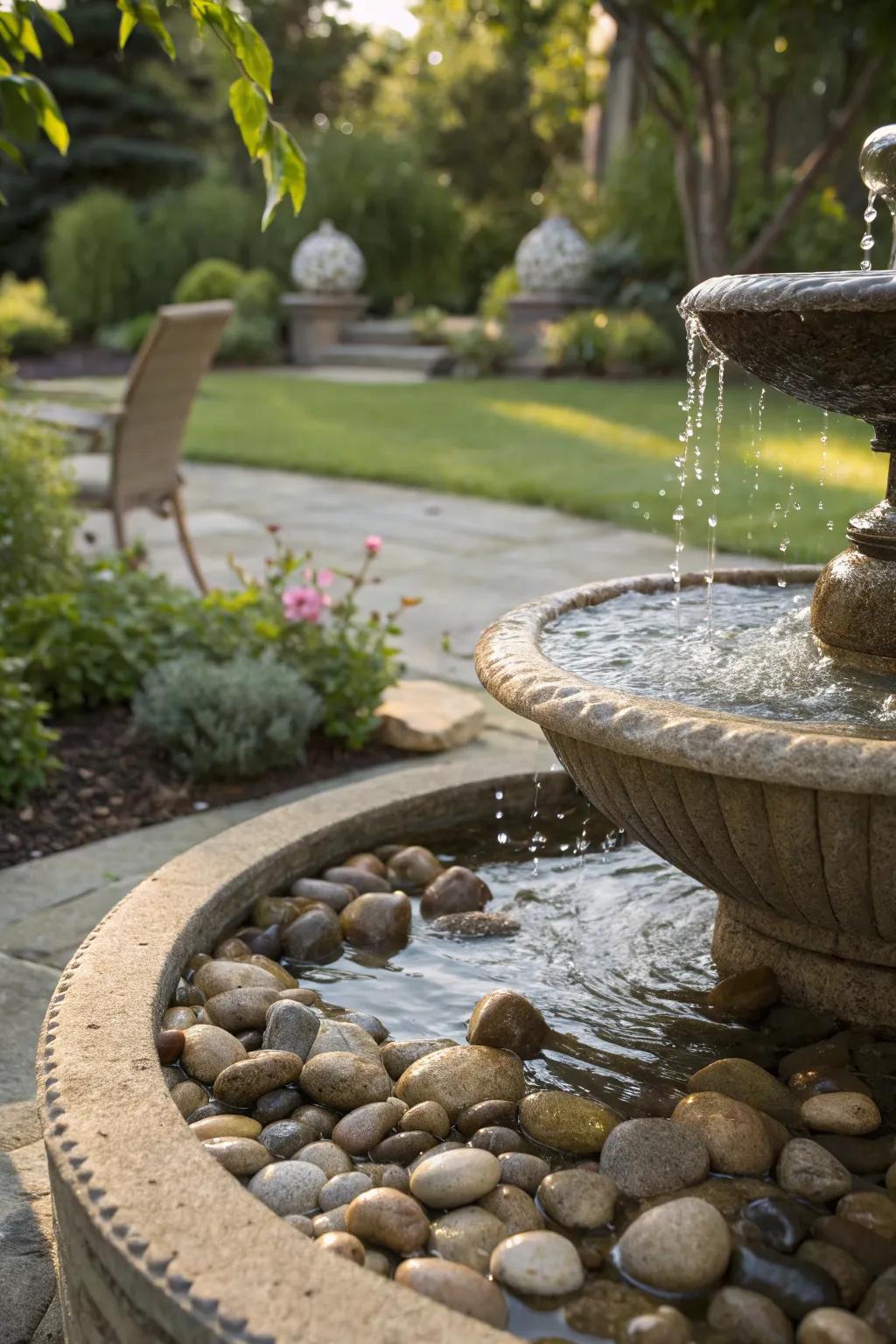 Relax with a pebble-filled patio fountain.