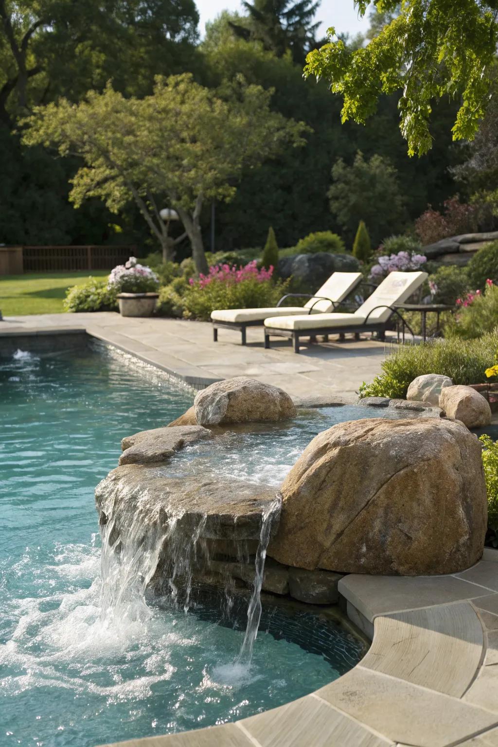 A bubbling rock feature adds playful movement to the pool.