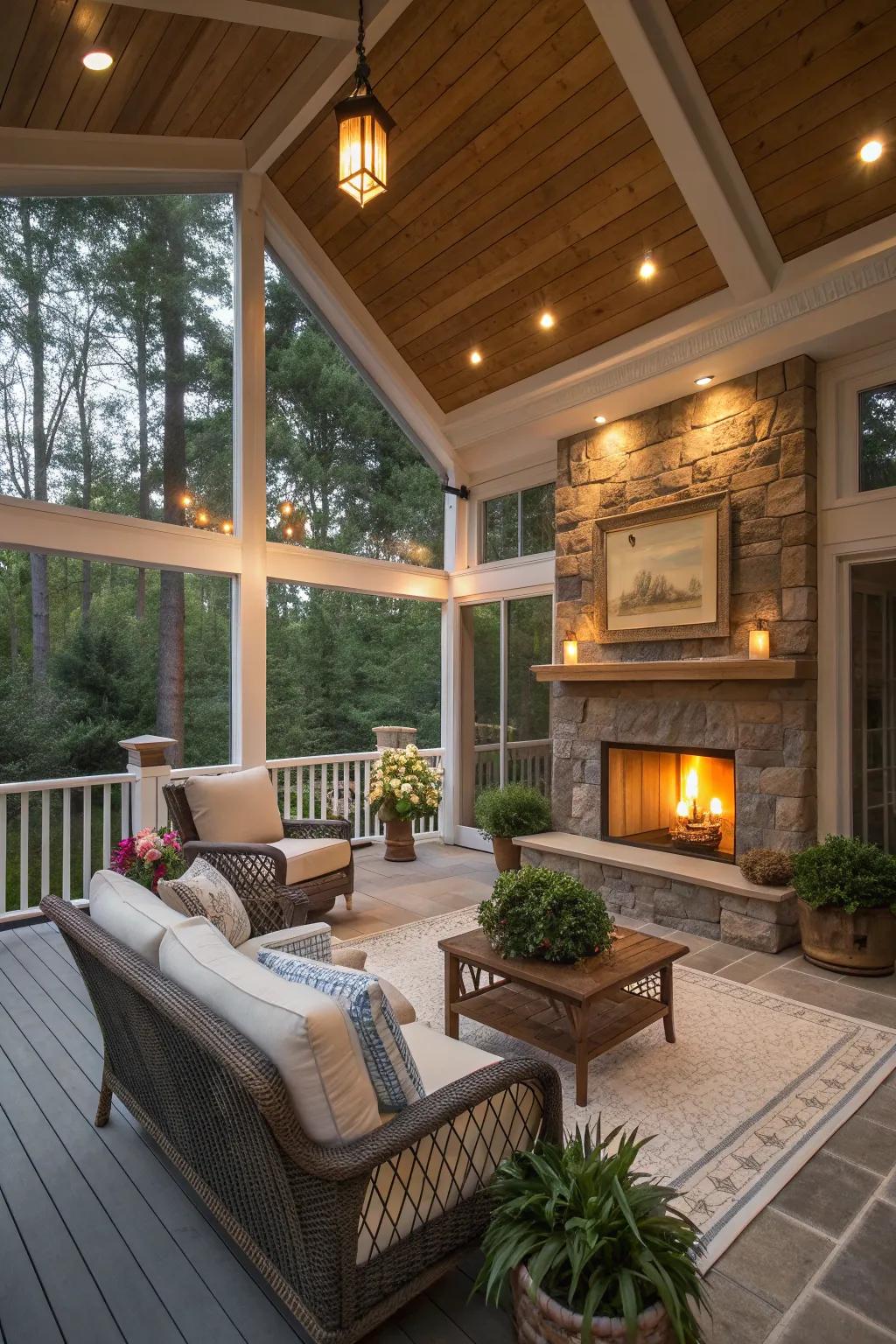 Mood lighting creates a warm ambiance on this screened porch.