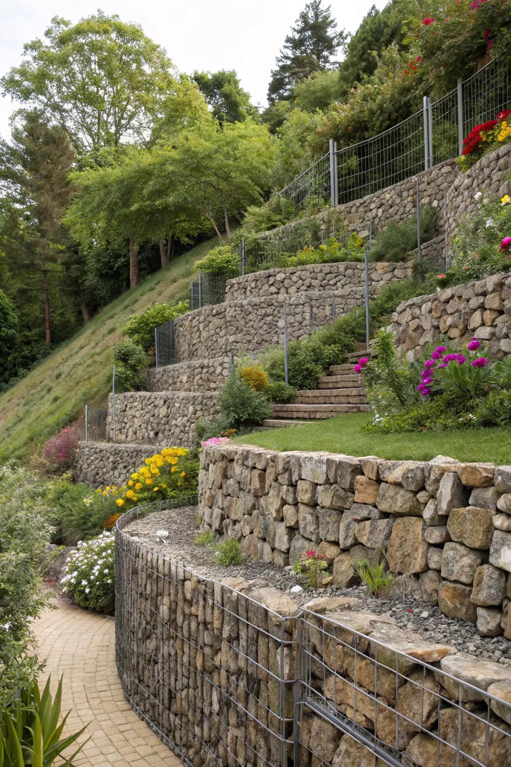 Striking gabion retaining walls providing robust garden support.