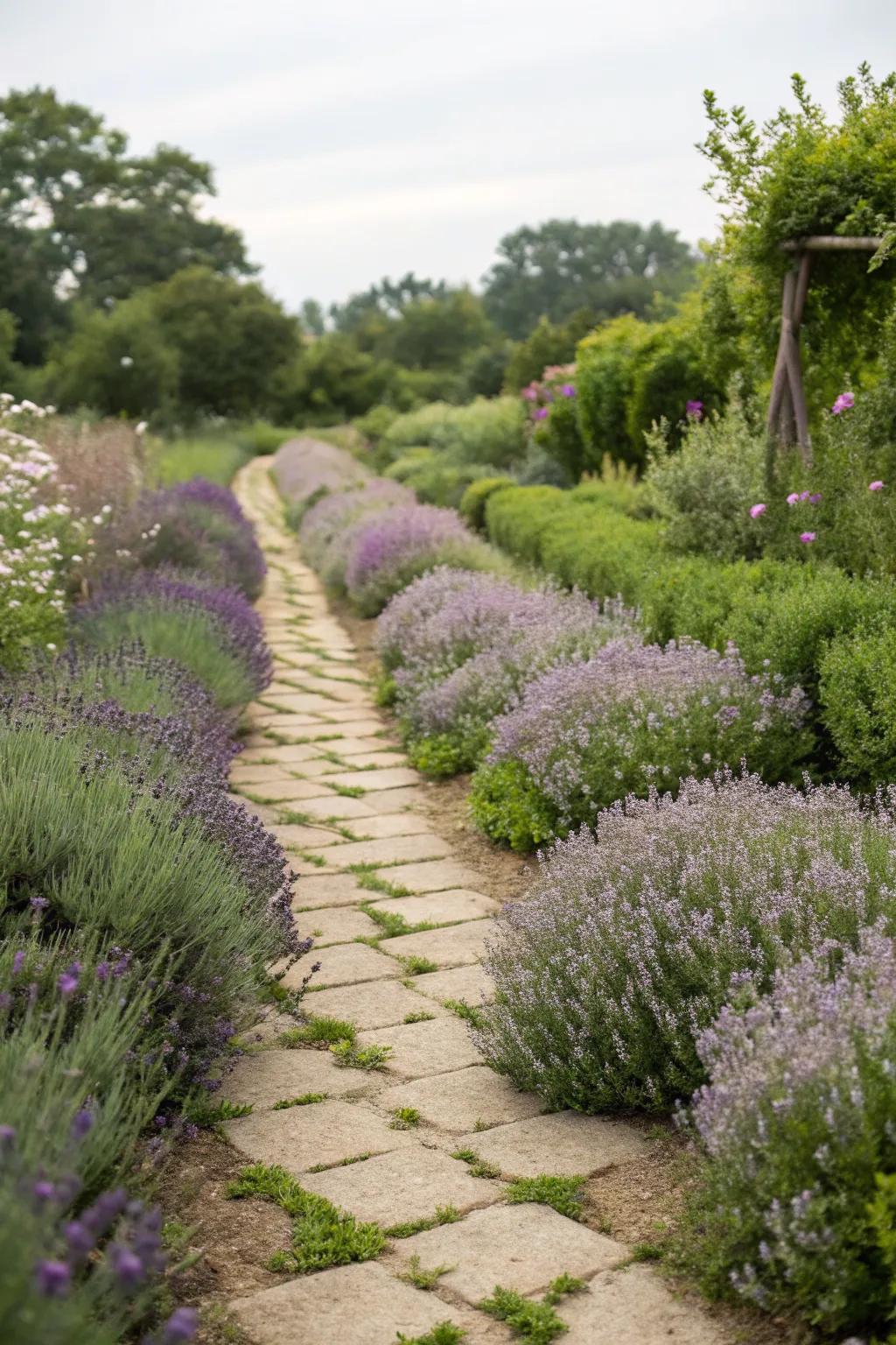 Fragrant herbs like lavender add sensory delight to this walkway.