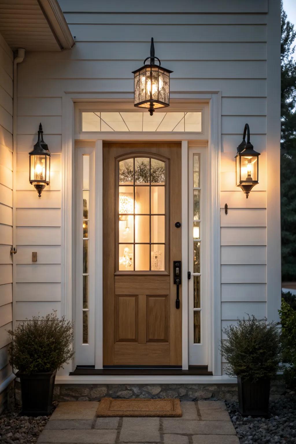 Light fixtures providing both security and style to a front door.