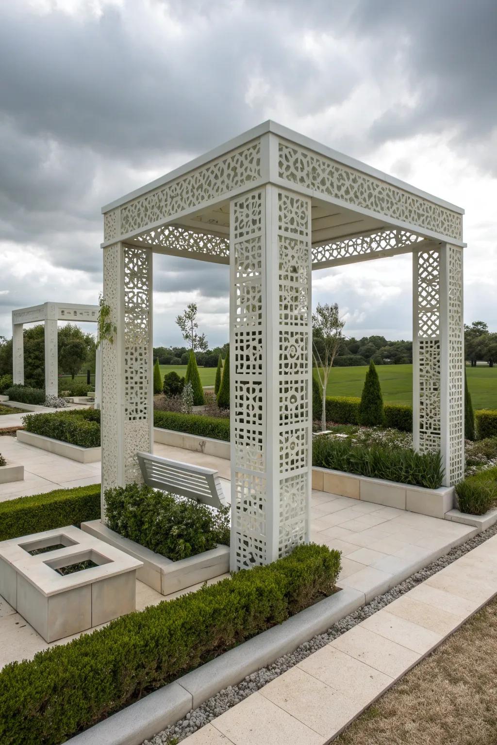 Geometric patterns on an arbor introduce a bold, modern aesthetic.