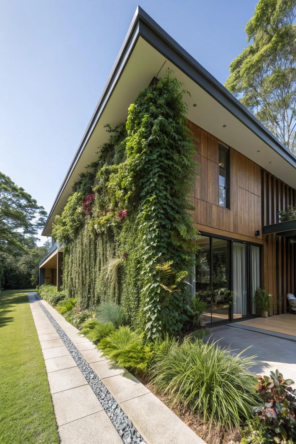 A modern home with a skillion roof and vertical gardens, merging architecture with nature.