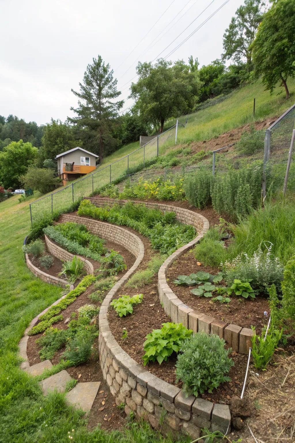 Herb spirals add vertical interest and utility to sloped gardens.