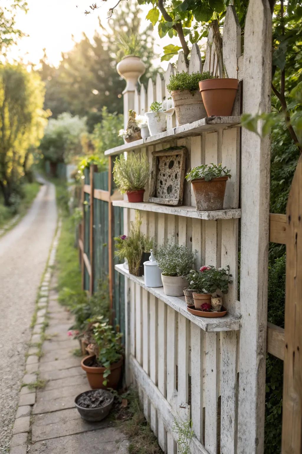 A slat fence creatively designed with built-in shelves for plants and decor.