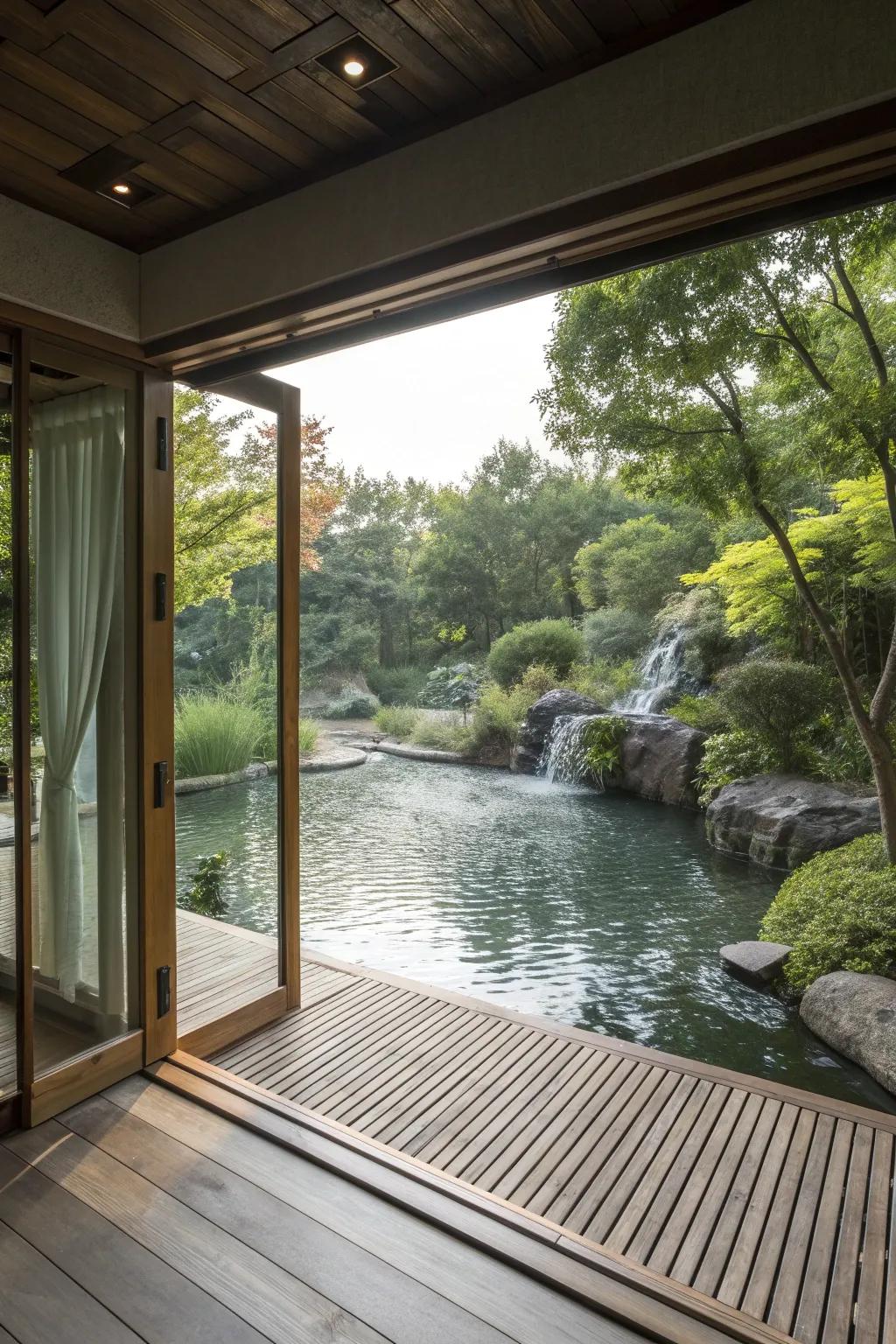 A serene water feature adds tranquility and elegance to a deck.