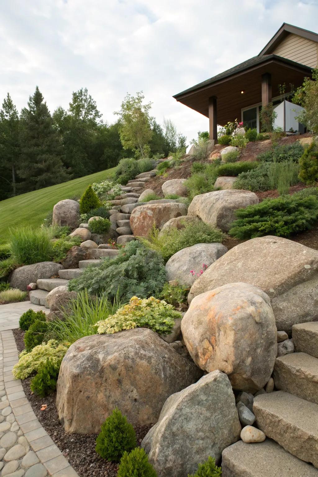Boulders create impactful focal points on sloped landscapes.