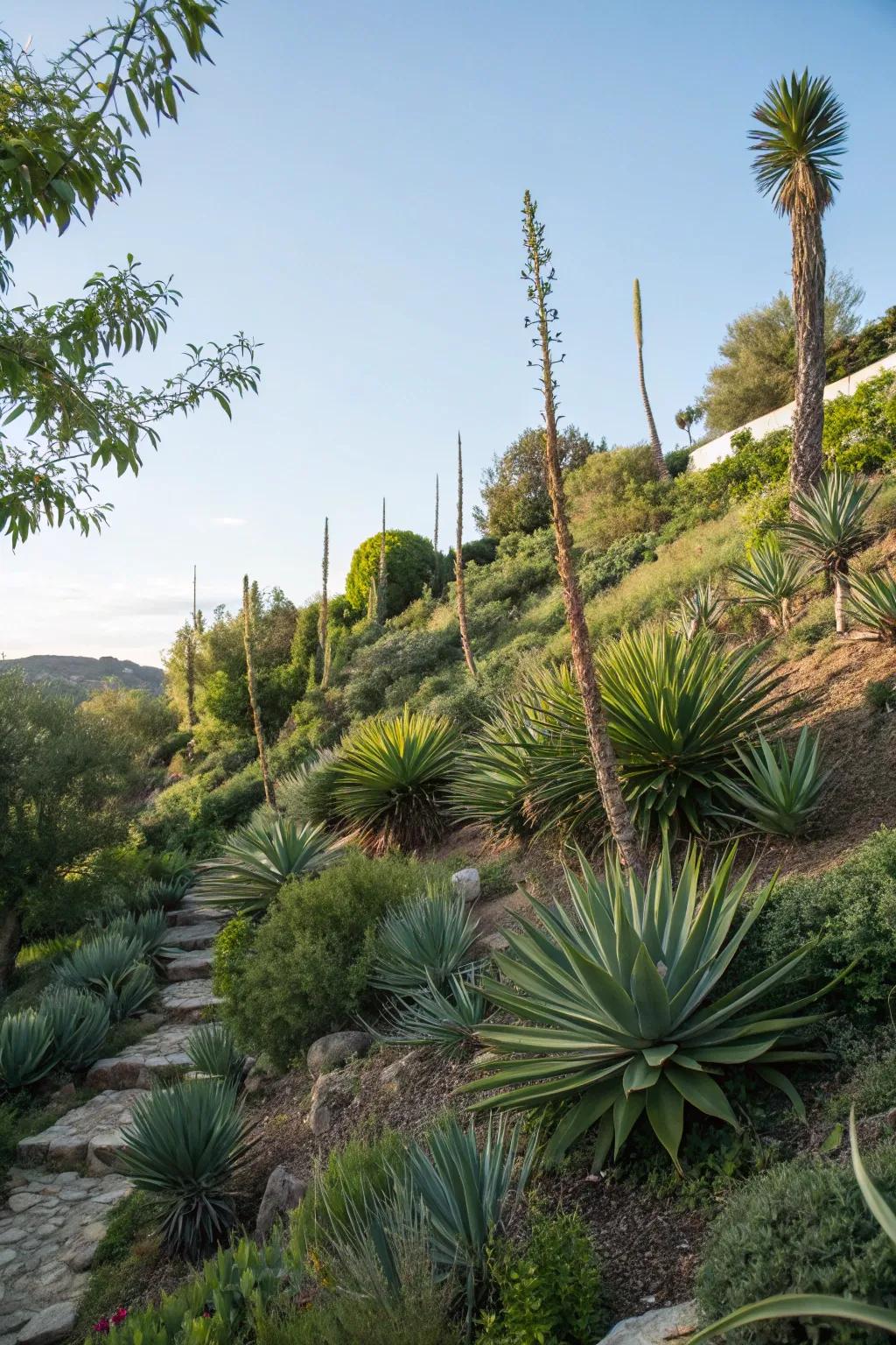 Sculptural plants add drama and focus to your slope.