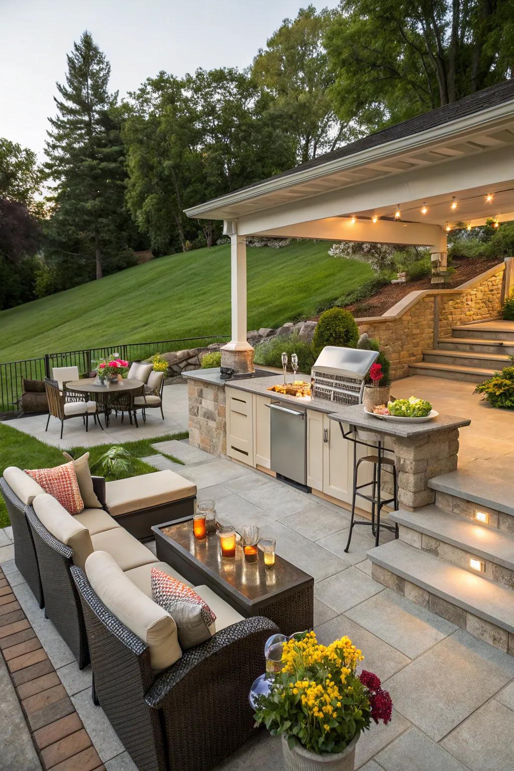 An outdoor kitchen turns a sloped backyard into an entertainer's paradise.