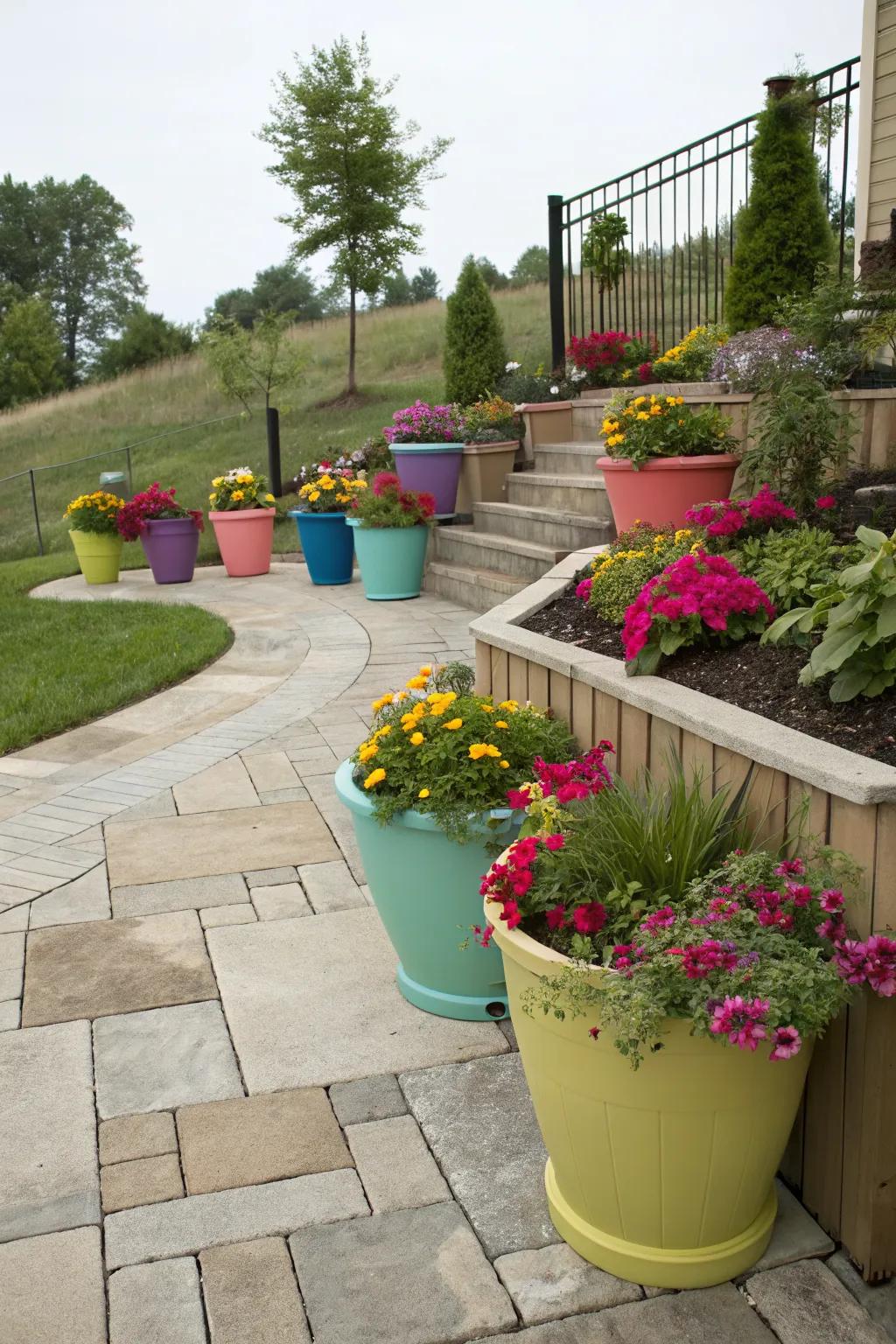 Vibrant planters bringing color and life to a sloped patio.