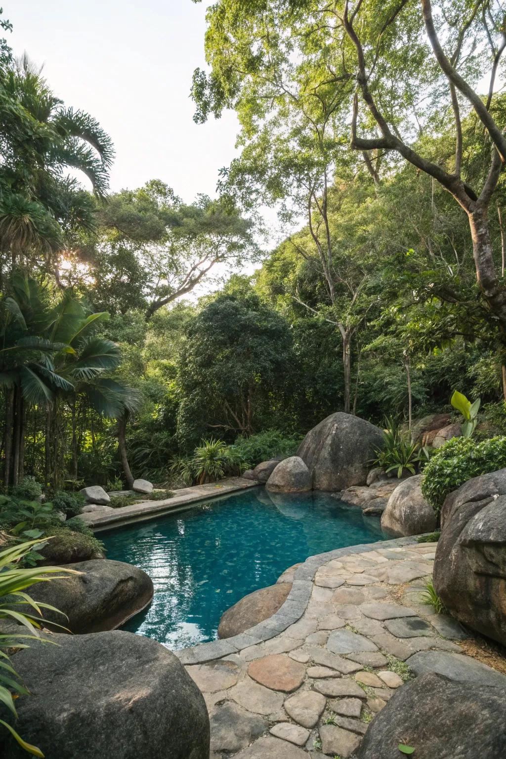 Tropical elements create an exotic, lush poolside retreat.