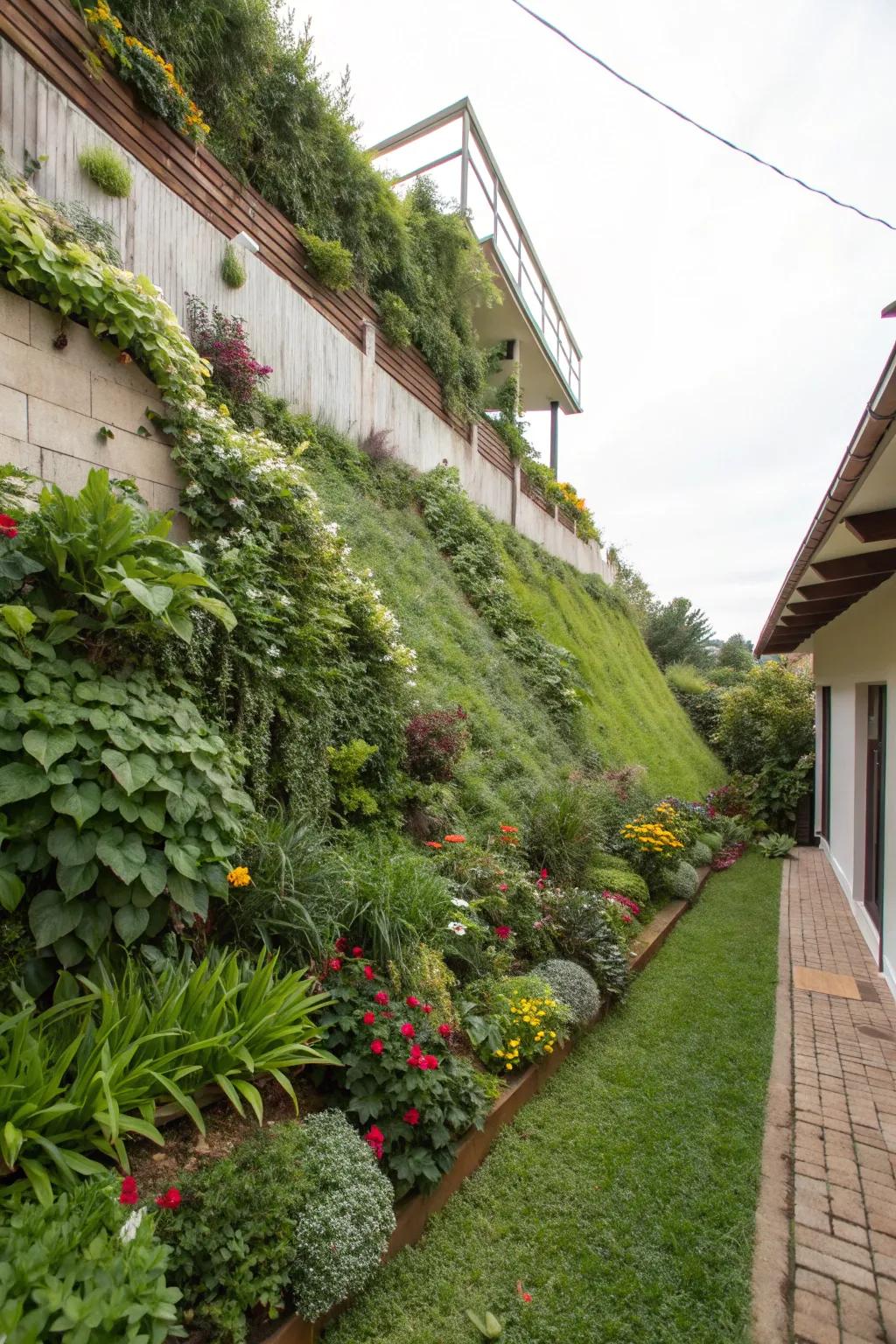 Vertical gardens offer a creative and space-efficient solution for slopes.