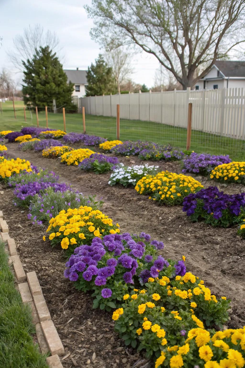 Patterned planting with contrasting flower colors.