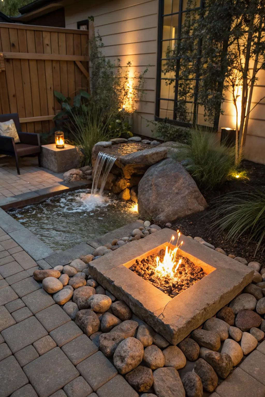 Captivating contrast of fire and water on a small patio.
