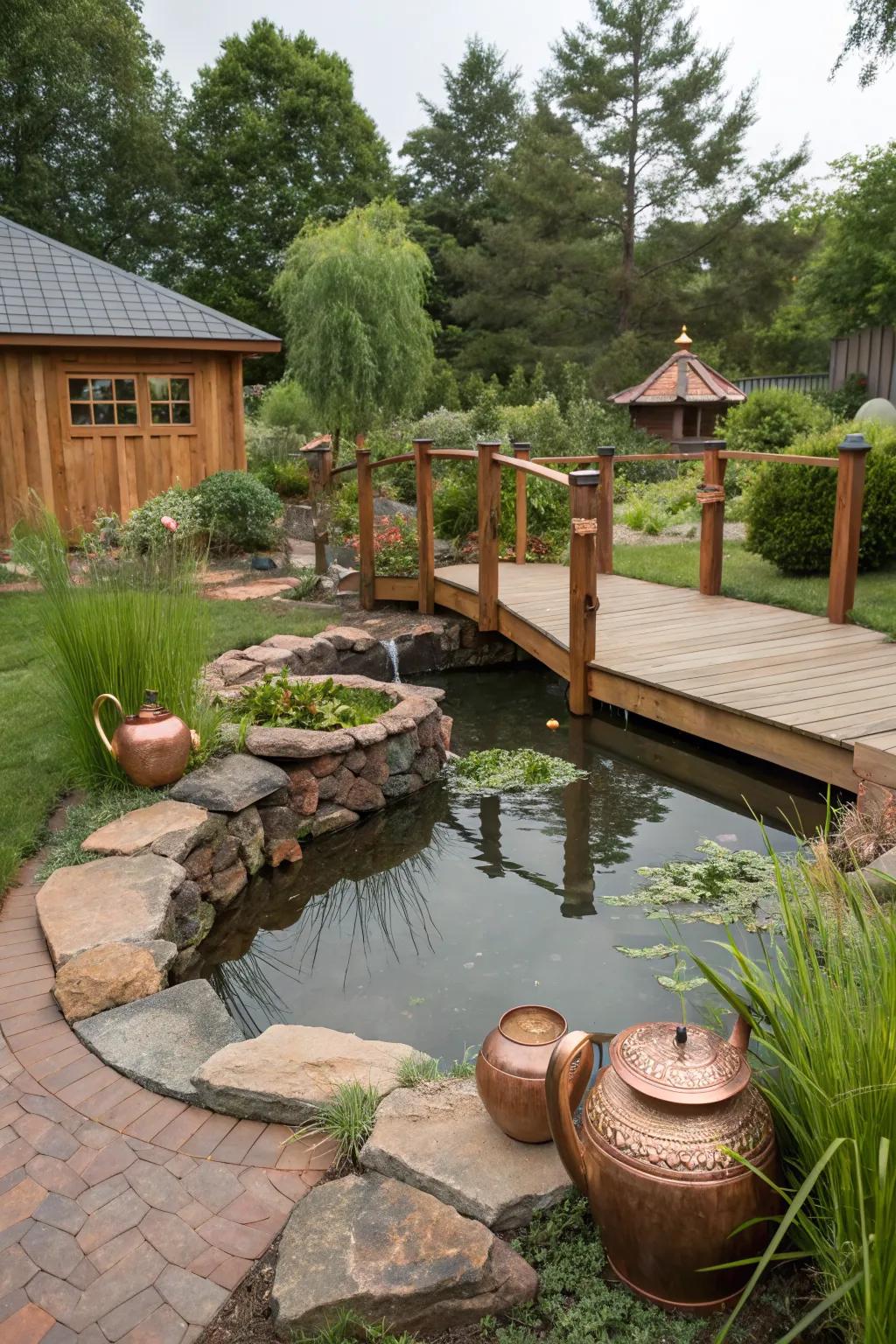 A charming pond adorned with rustic copper accents.