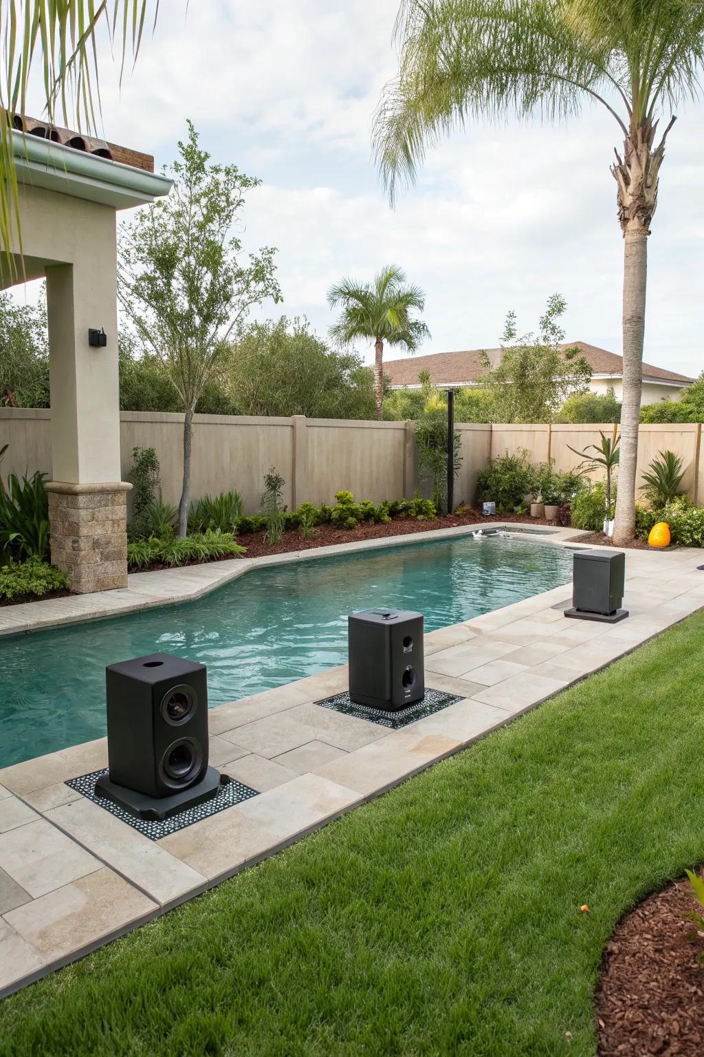 A sound system enhances the poolside experience with music and entertainment.