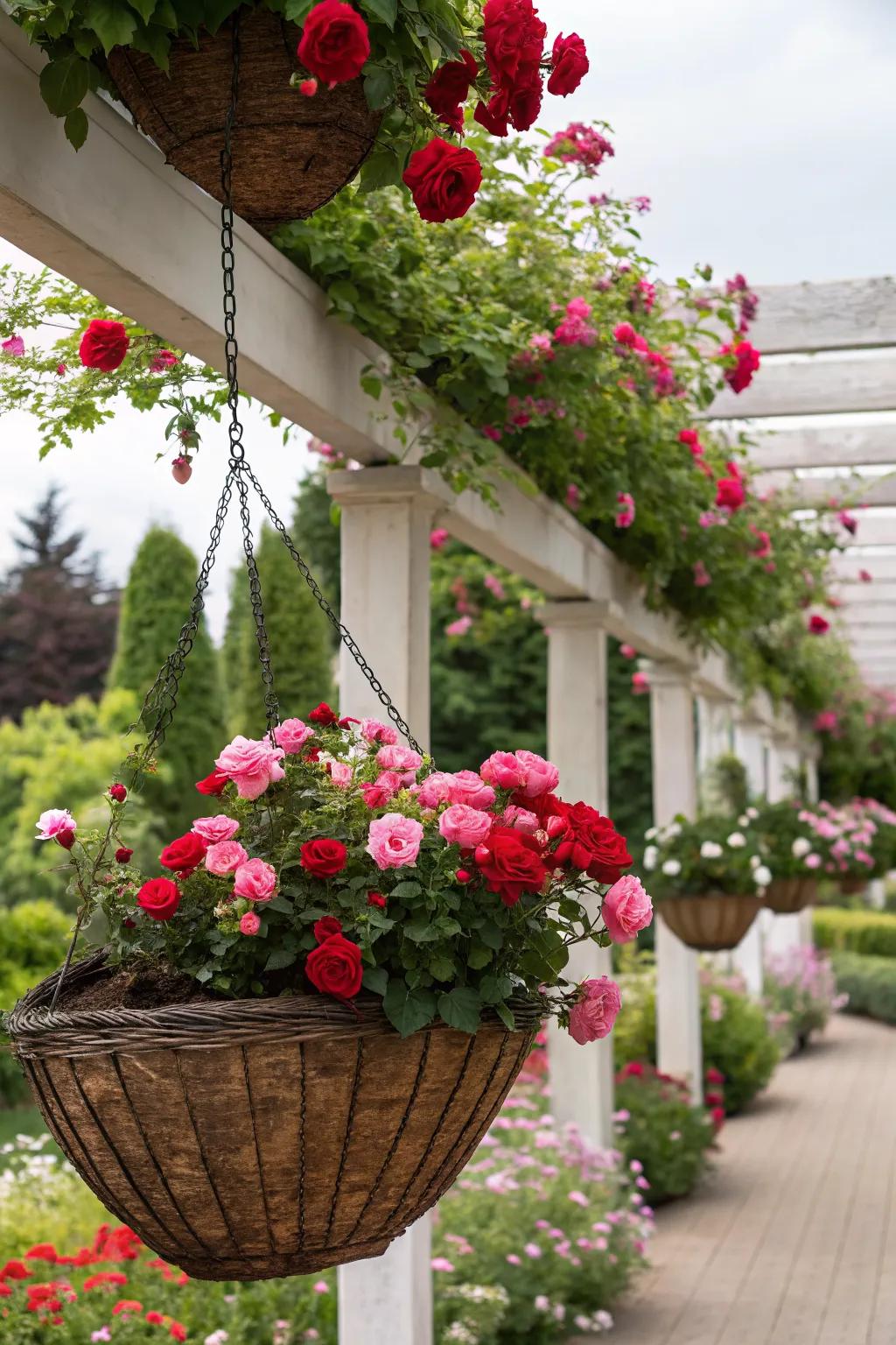 Hanging baskets elevate roses to eye-catching heights.