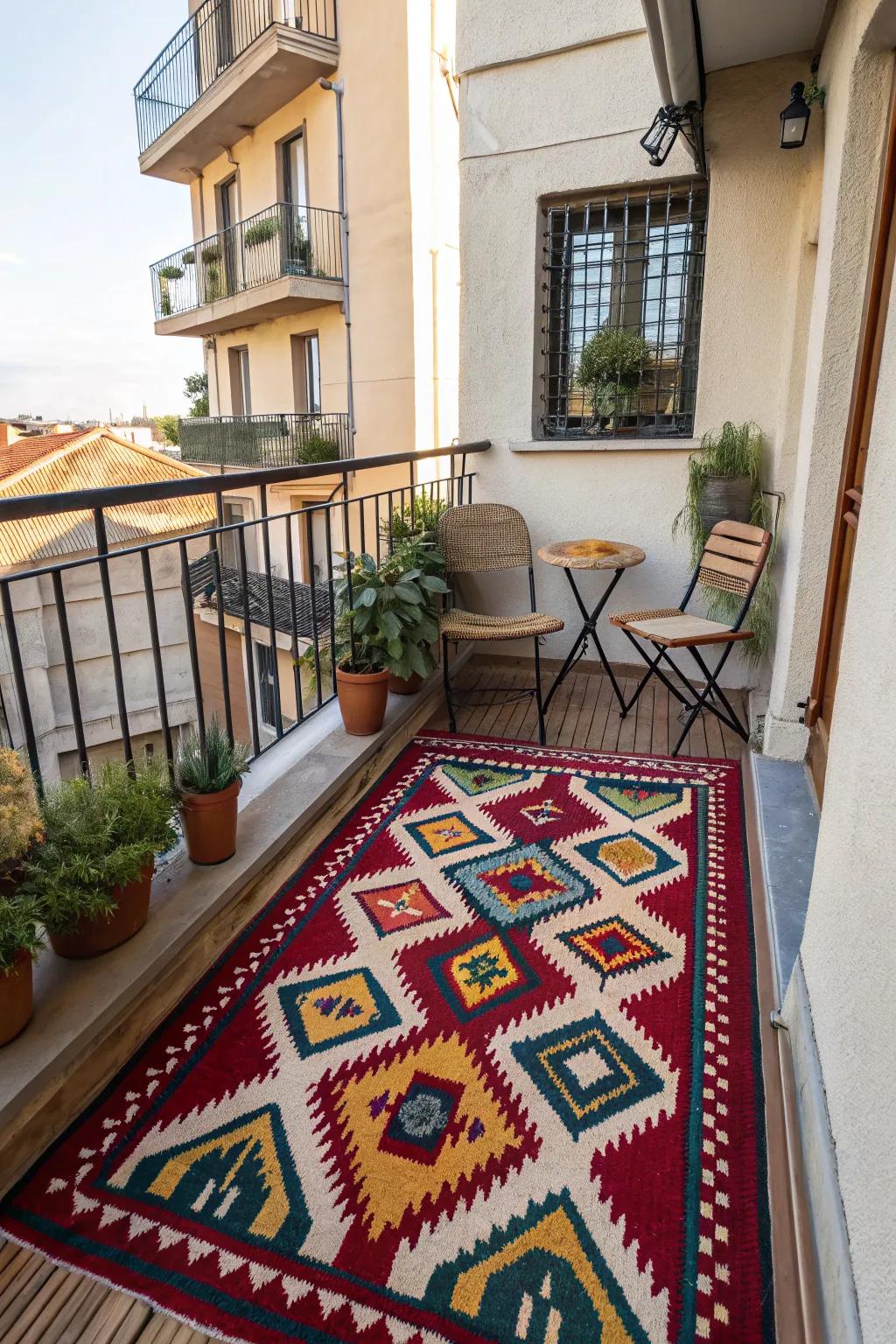 Define and soften your balcony space with an outdoor rug.