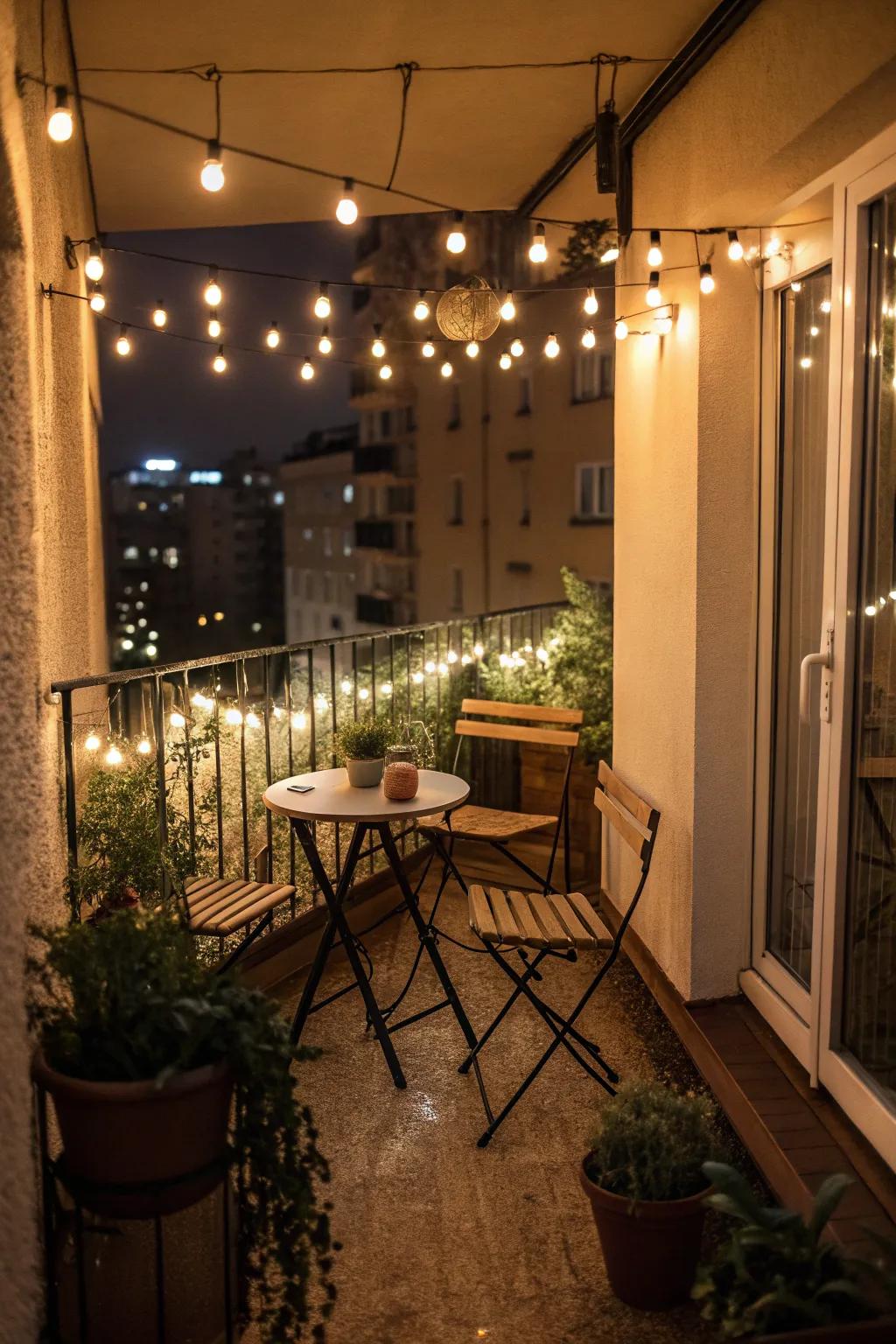 String lights add warmth and a sense of enclosure.
