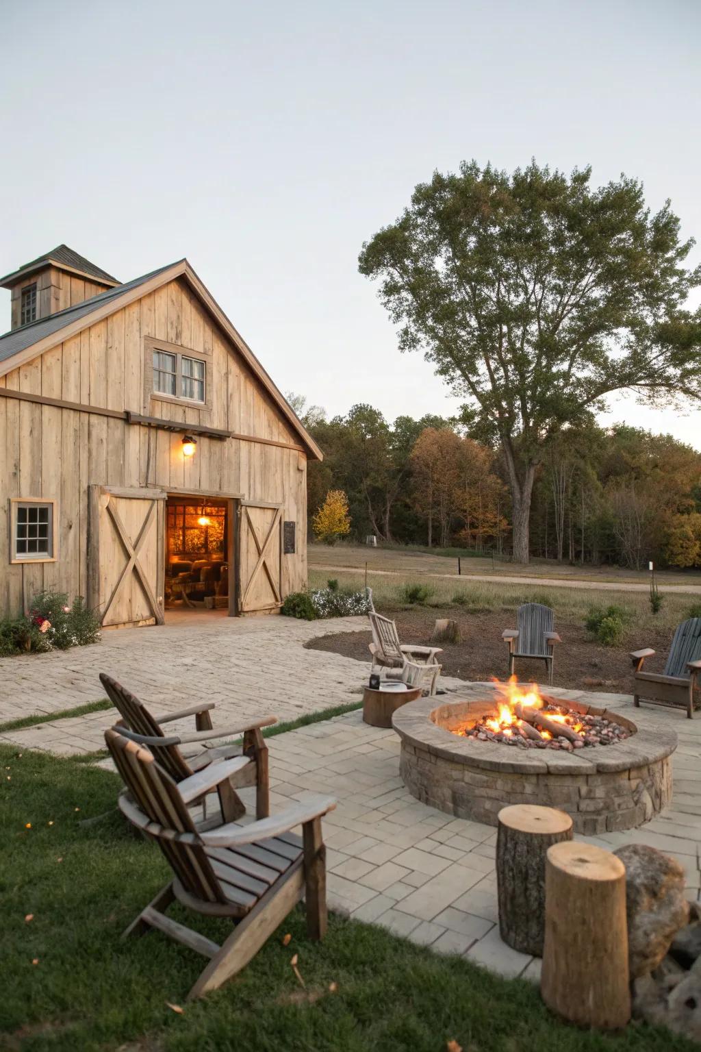 A welcoming fire pit area adds warmth and ambiance to the barn.