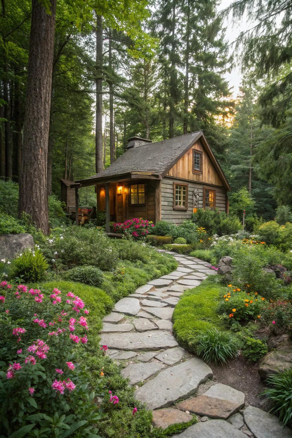 A cabin surrounded by beautifully crafted stone pathways.