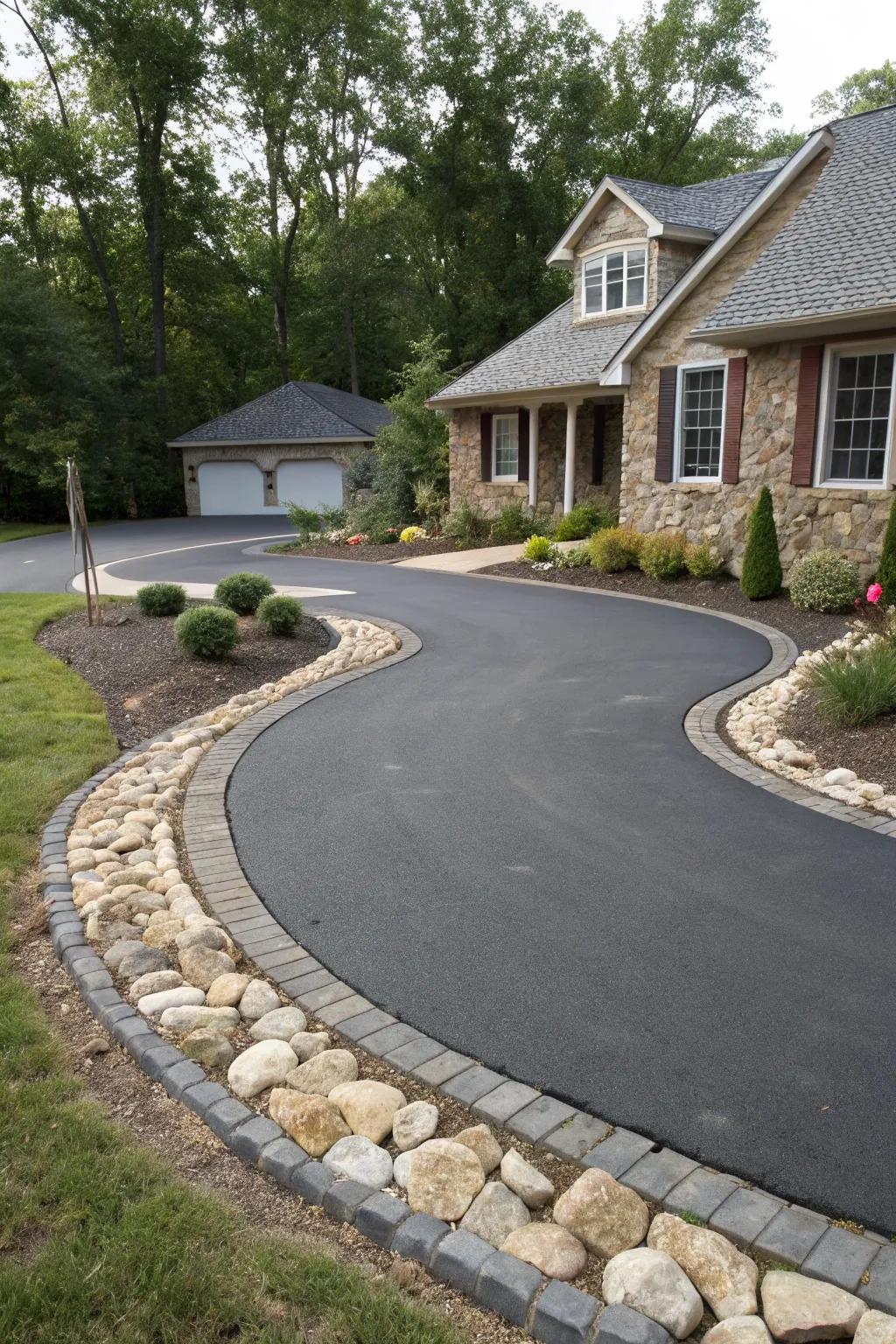 Asphalt with decorative borders adds character to plain surfaces.