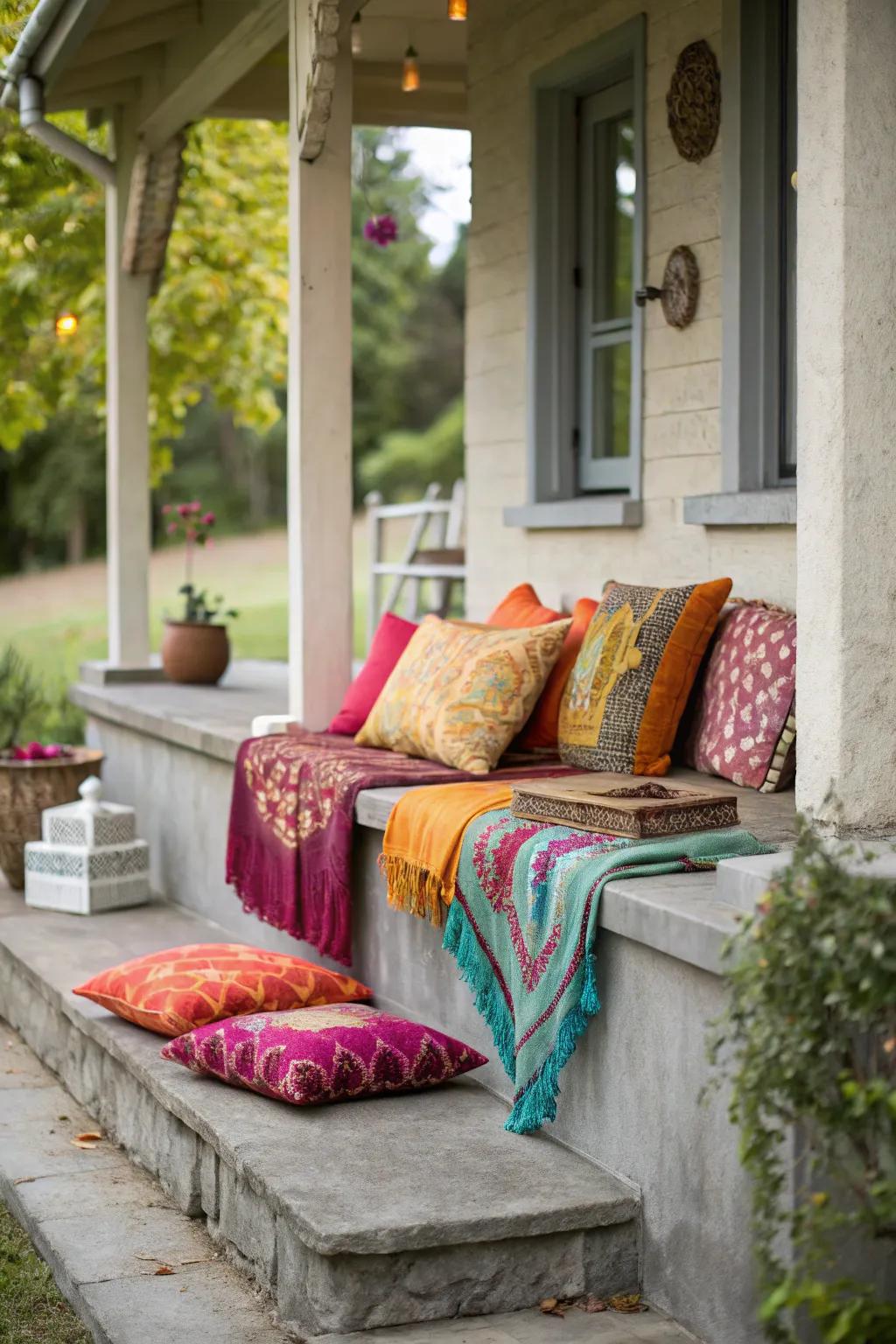 A small concrete porch with colorful cushions and throws.