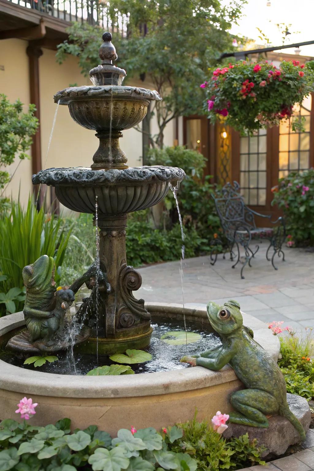 Animal-themed fountains add a playful touch to your garden.