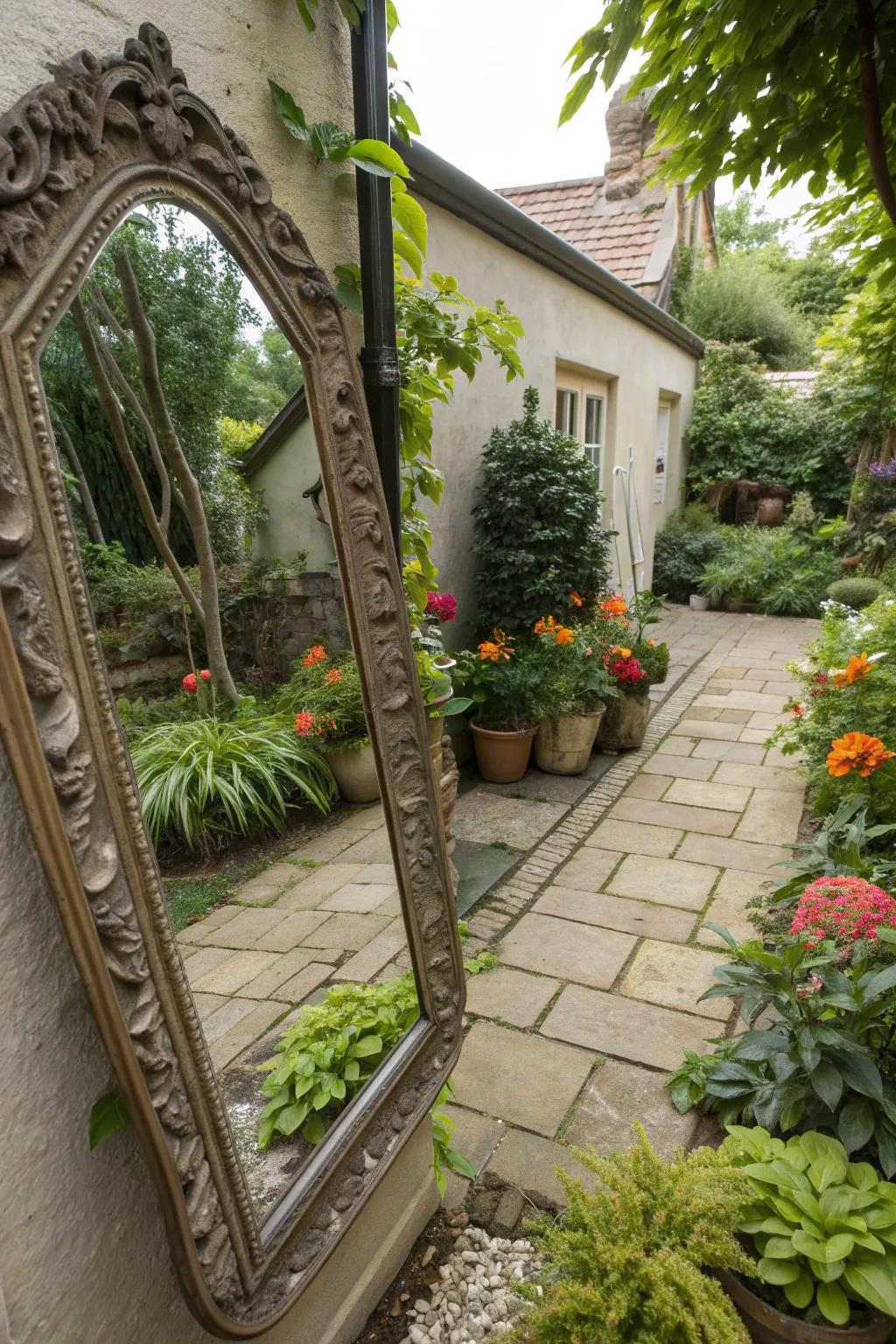 Mirrors create the illusion of more space in a small courtyard.