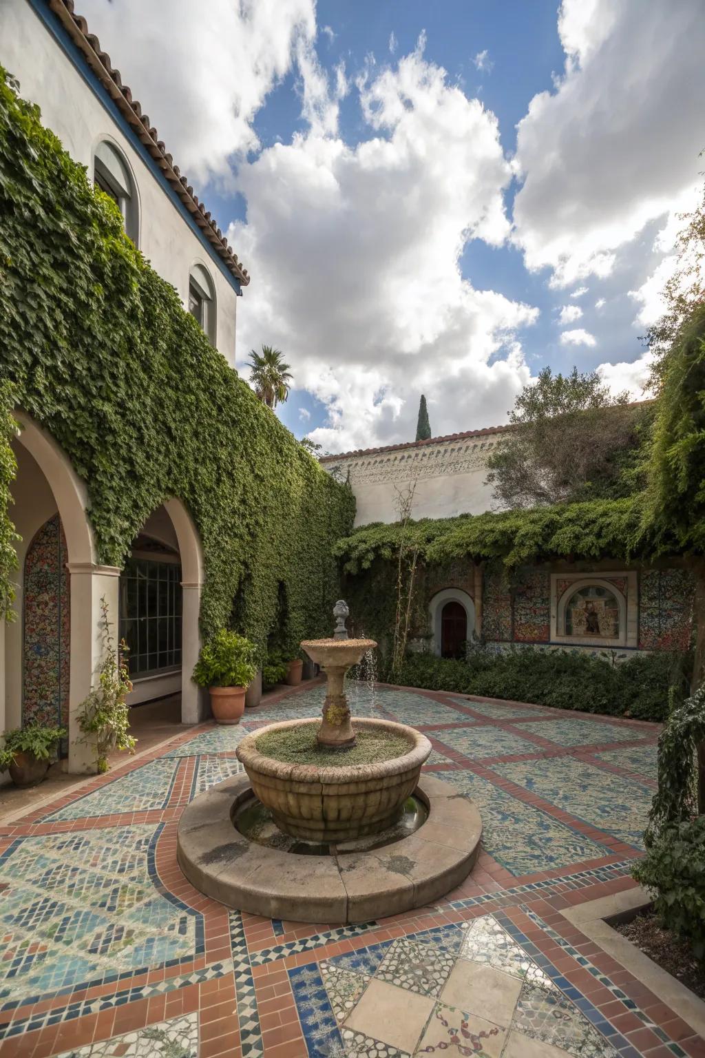 A charming pathway guides visitors to the central courtyard fountain.