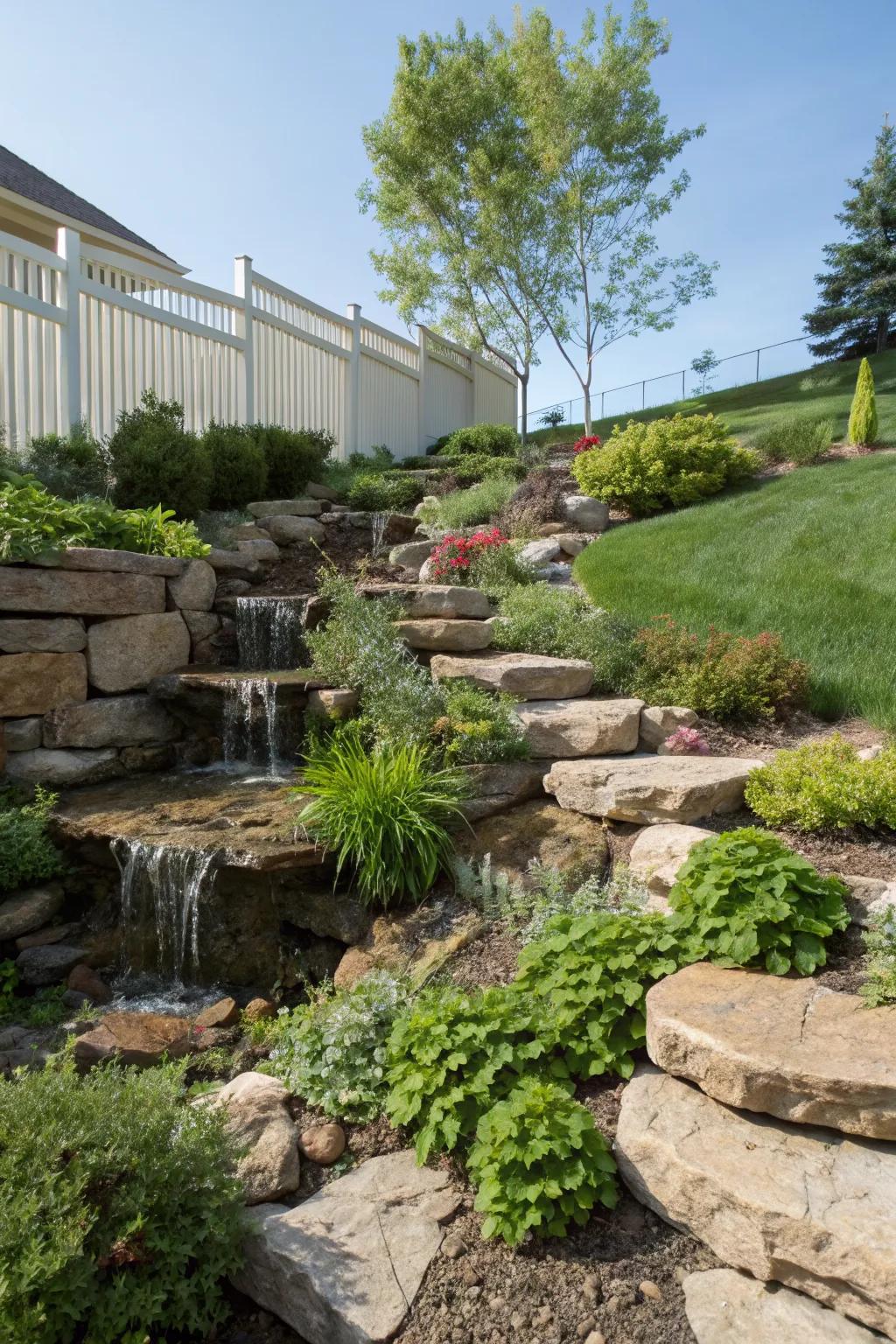 Rocky terraces add dimension and prevent soil erosion.