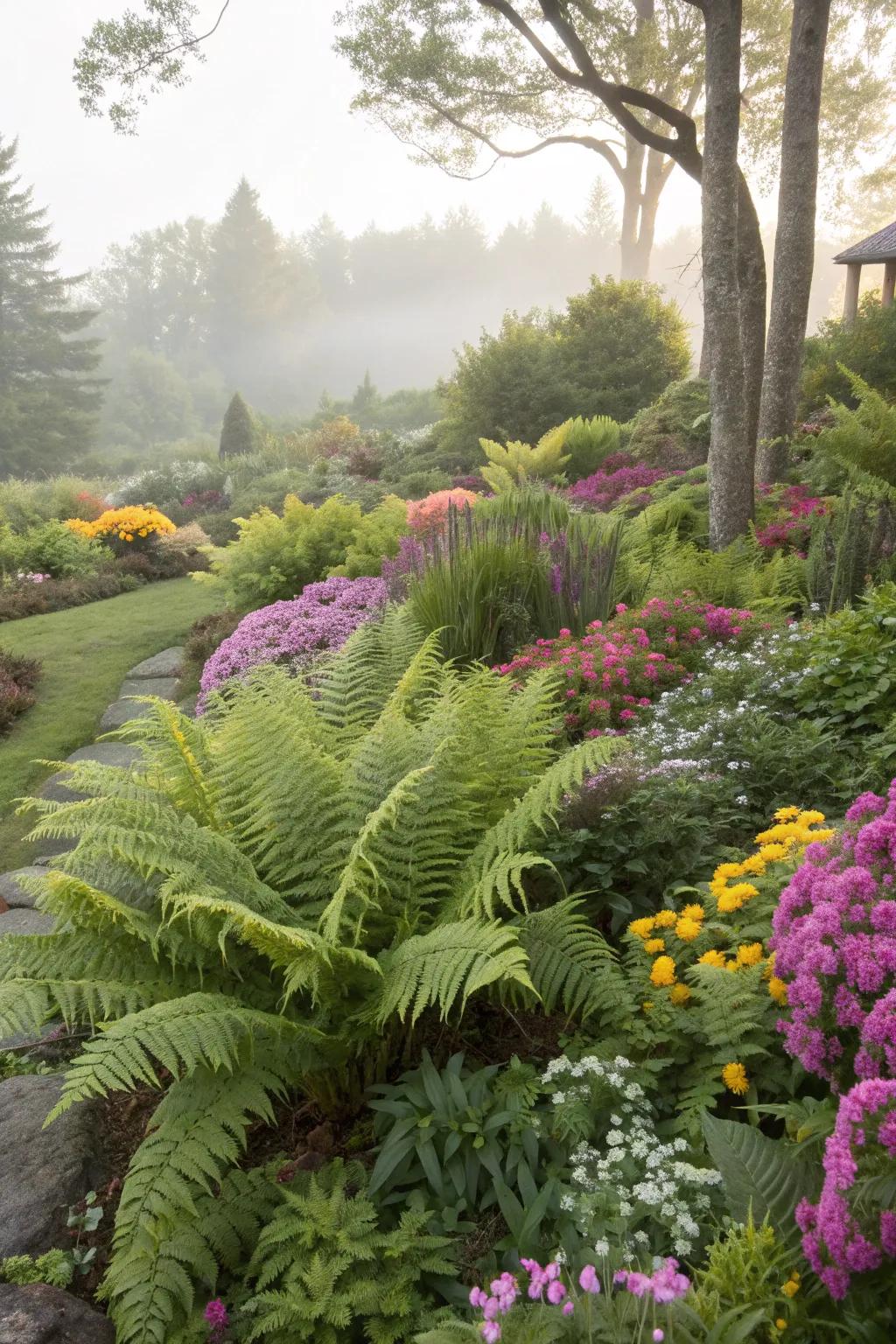 A vibrant display of ferns and flowers in a garden.