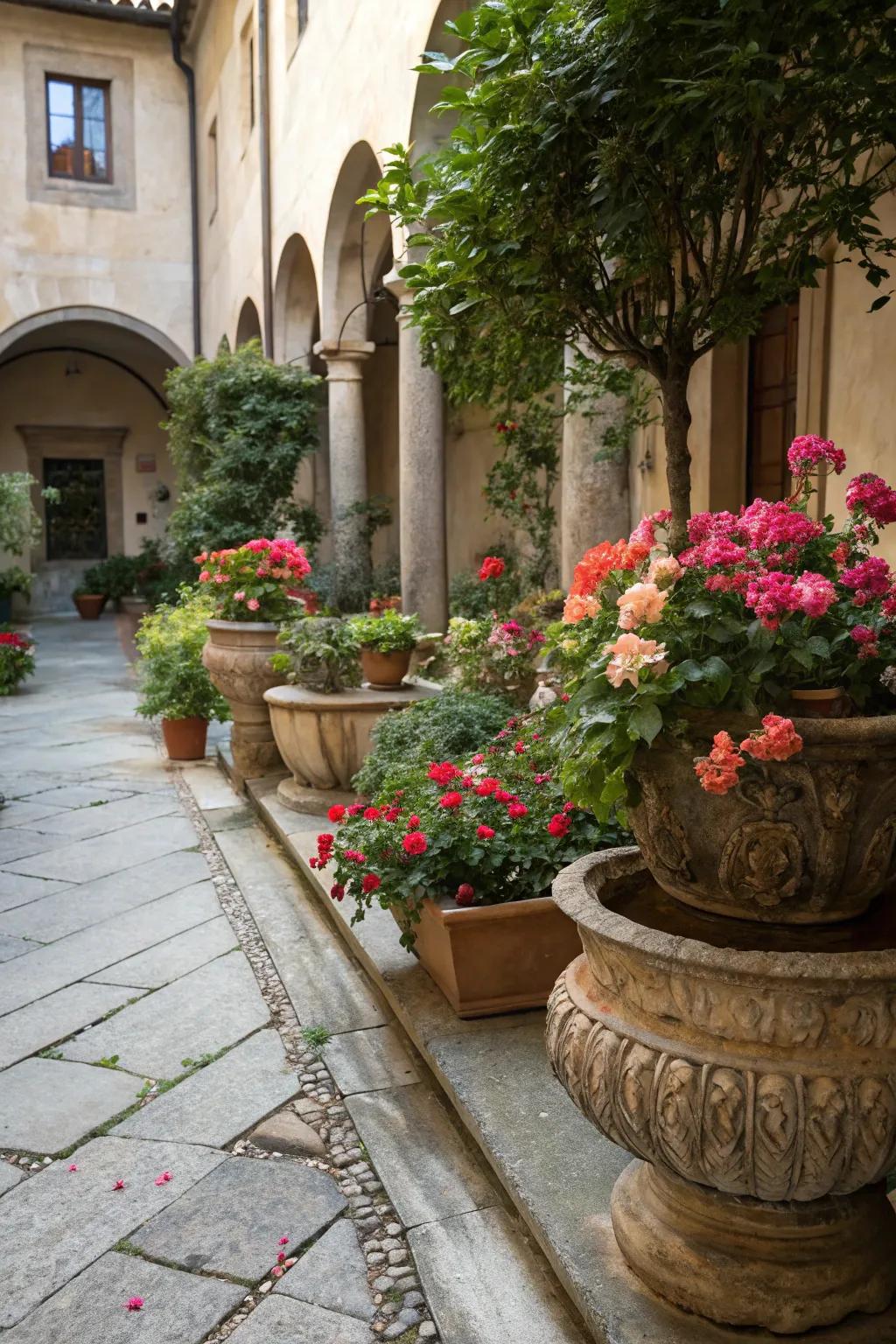 Timeless appeal with antique planters in a courtyard.