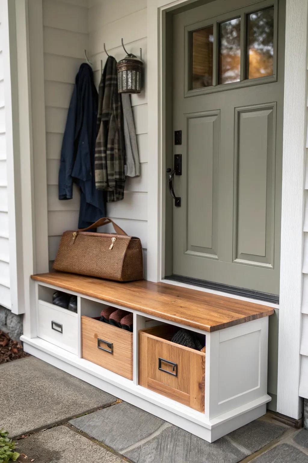 Hidden storage adds functionality to a small front door area.