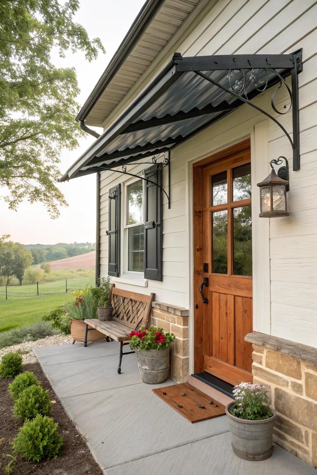 A farmhouse-style awning adds rustic charm to the porch.