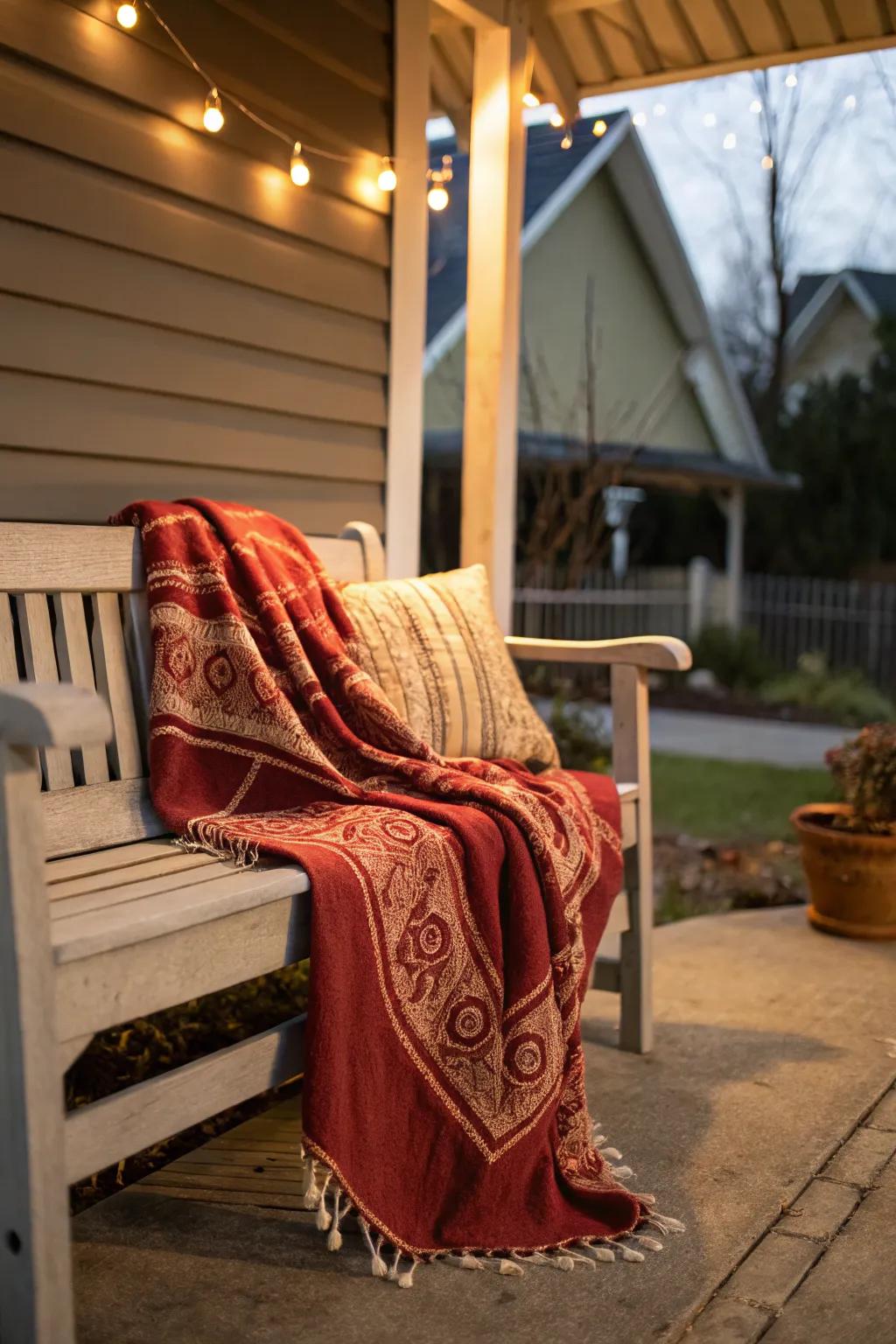 Throws add warmth and a cozy touch to your porch bench.